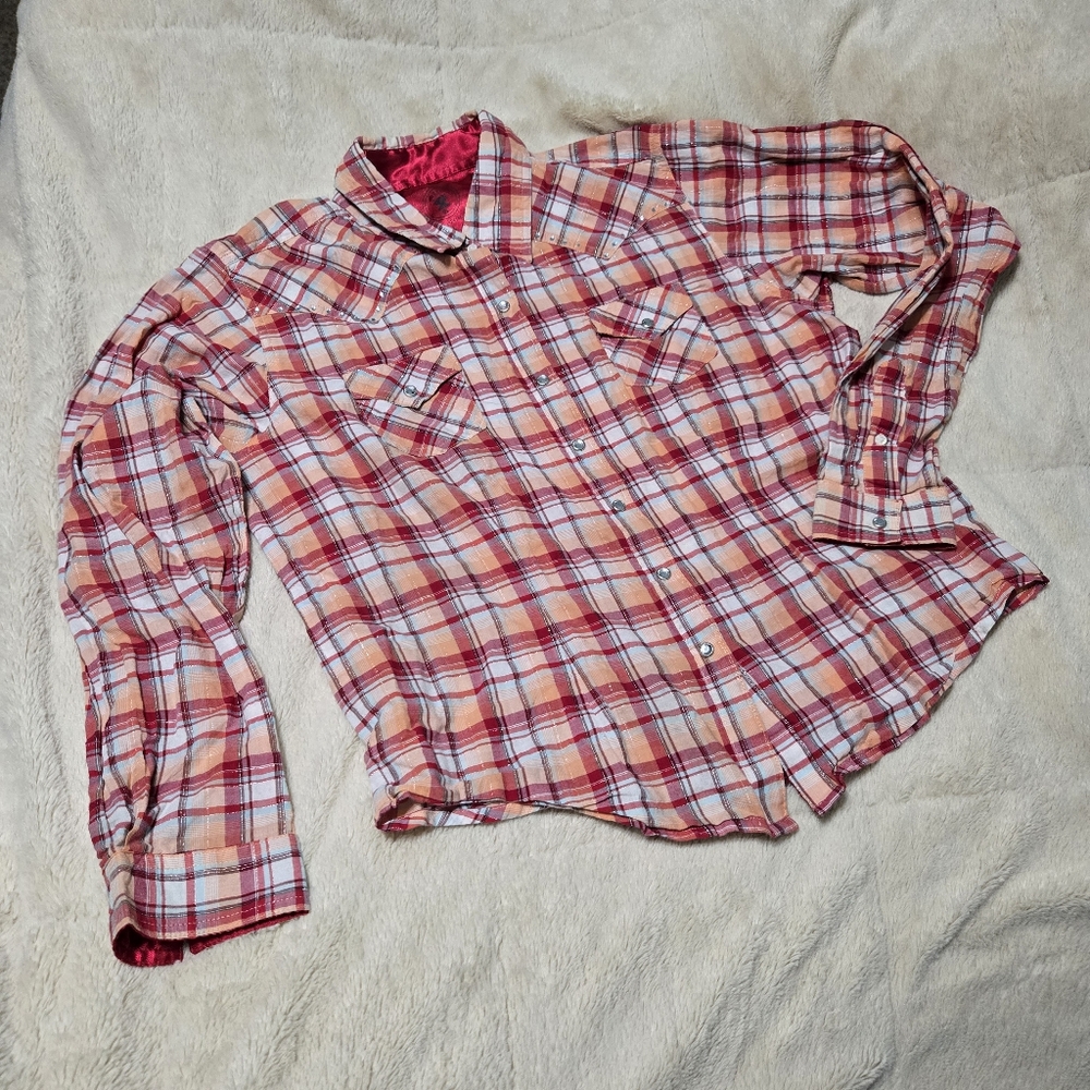 Ultra Twenty X 20X Plaid Sparkle Western Cowgirl Snap Button Down, L
